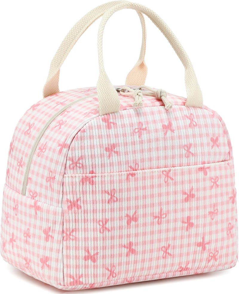 LEDAOU Lunch Box for Women Insulated Lunch Bag Corduroy Lunch Tote Bags Leakproof Cooler Lunch Case for Travel Work Picnic (Pink Bow Checkered) - Image 1